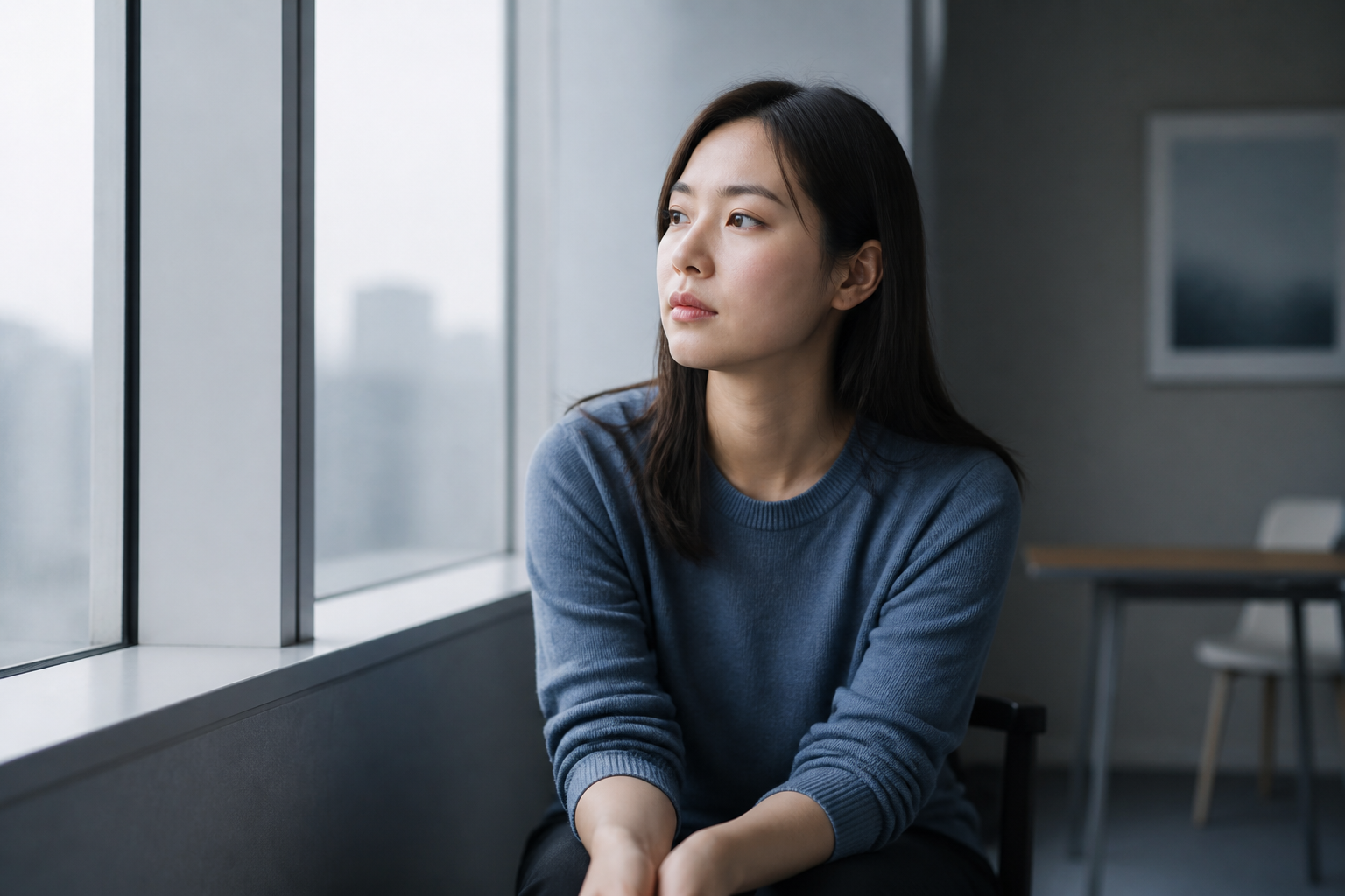 Pensive, calm woman — not sad, not crying