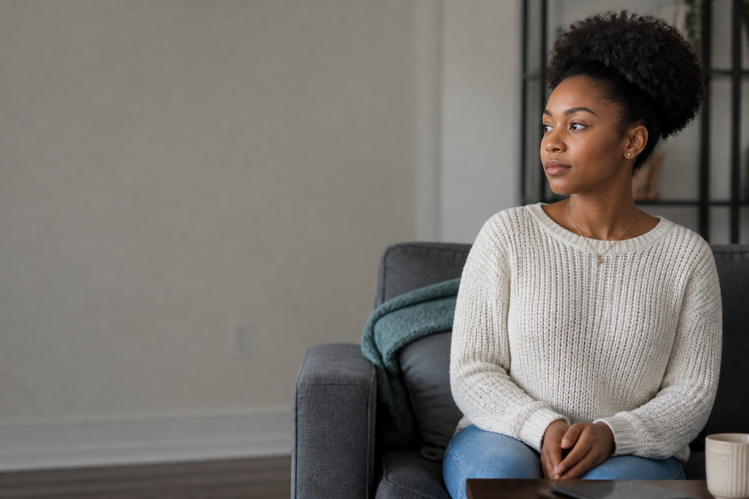 Pensive woman seated in morning light, composed — not in distress