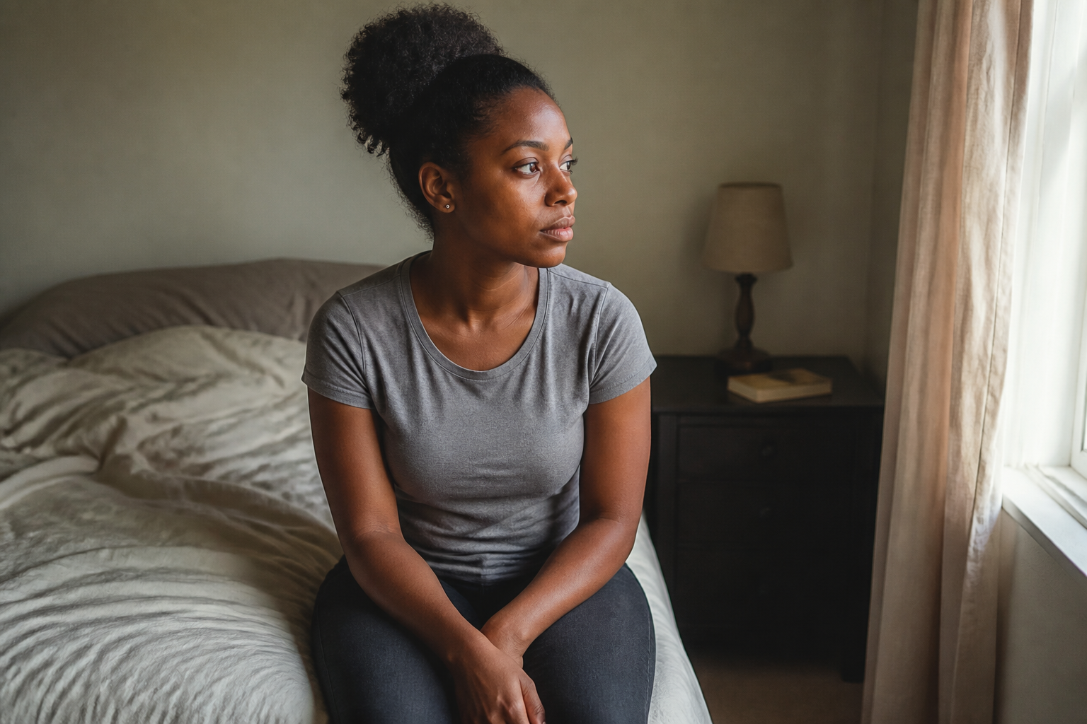 Pensive woman sitting on the edge of a bed in morning light, composed — not distraught